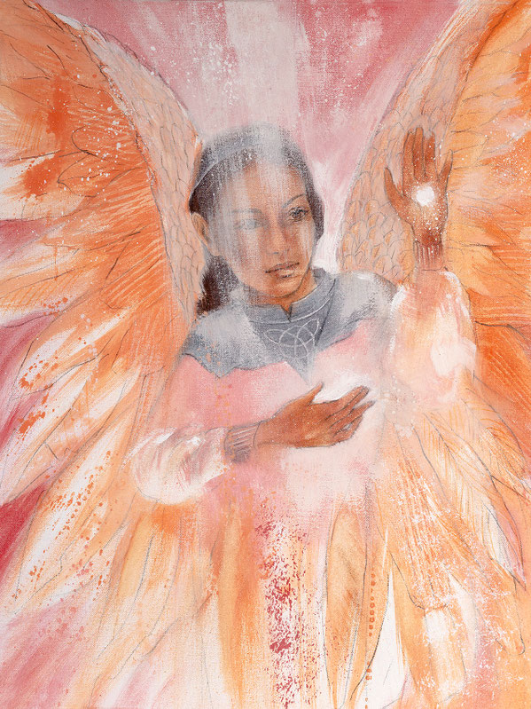 Wandbild Schutzengel Engelbild, Reine Absichten, Farbe Rot, Hochformat Original Gemälde in Eitempera gemalt von Jopie aus dem neuen Engelkartenset von Jana Haas erschienen im Arkana Verlag