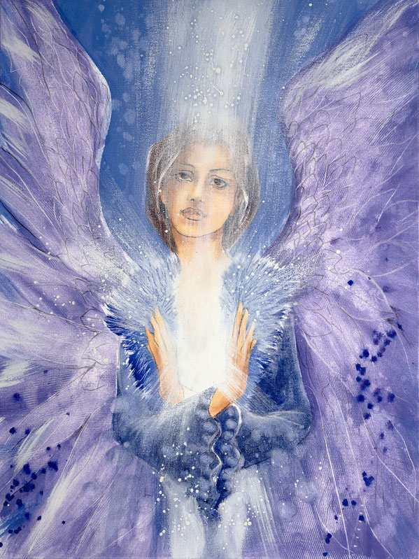 Wandbild Engelbild Engel der Versöhnung / Achtsamkeit, gemalt von Jopie, Farbe Violett, Hochformat, Illustration aus dem neuen Engelkartendeck von Jana Haas, Gebetskarten, Ein Engel für dich, erschienen im Arkana Verlag