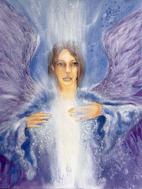 Wandbild Engelbild Engel der Versöhnung / Vergebung, gemalt von Jopie, Farbe Violett, Hochformat, Illustration aus dem neuen Engelkartendeck von Jana Haas, Gebetskarten, Ein Engel für dich, erschienen im Arkana Verlag