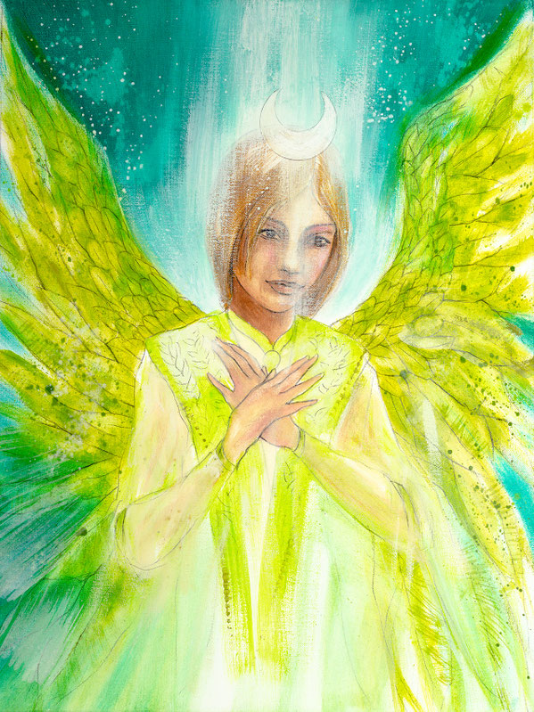 Wandbild Engelbild Engel der Heilung / lichtvolles Herz, Farbe Grün, Hochformat, Original Gemälde in Eitempera gemalt von Jopie, aus dem Engelkartendeck Ein Engel für dich Arkana Verlag