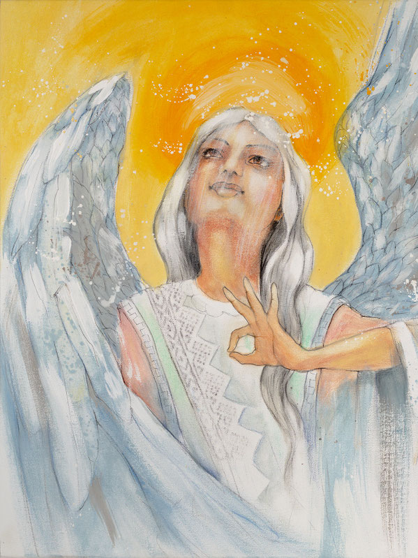 Wandbild Engelbild Engel der Stabilität / Lebensaufgabe, gemalt von Jopie, Farbe Weiß, Hochformat, Illustration aus dem neuen Engelkartendeck von Jana Haas, Gebetskarten, Ein Engel für dich, erschienen im Arkana Verlag