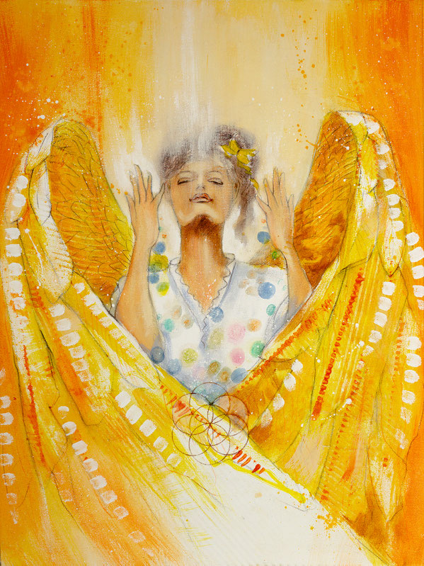 Wandbild Engelbild Engel der Kreativität / Lichtvolle Ziele, gemalt von Jopie, Farbe Gelb, Hochformat, Illustration aus dem neuen Engelkartendeck von Jana Haas, Gebetskarten, Ein Engel für dich, erschienen im Arkana Verlag