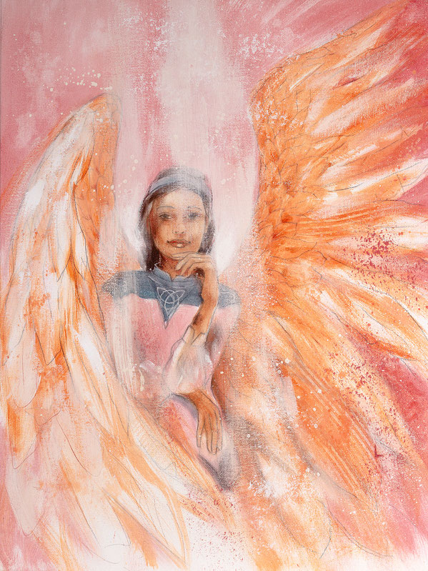 Wandbild Schutzengel Engelbild, Seelenplan, Farbe Rot, Hochformat Original Gemälde in Eitempera gemalt von Jopie aus dem neuen Engelkartenset von Jana Haas erschienen im Arkana Verlag