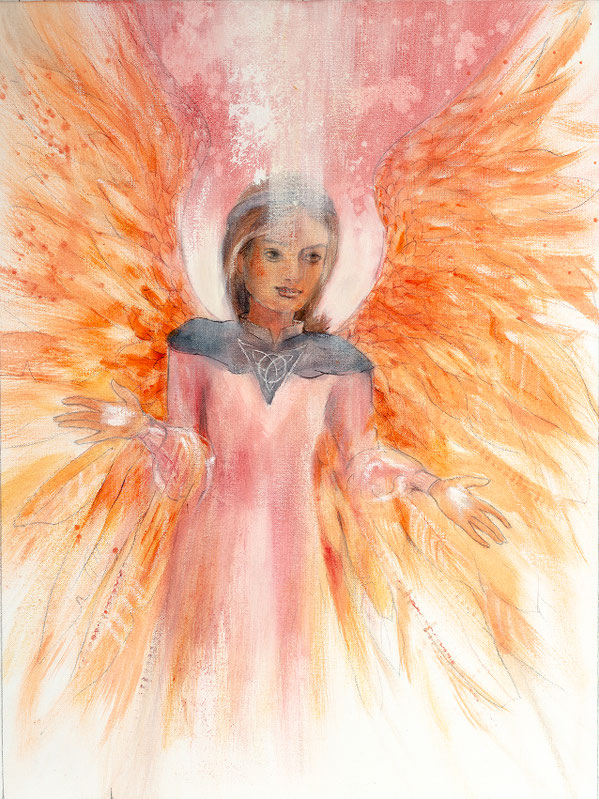 Wandbild Schutzengel Engelbild, Harmonie, Farbe Rot, Hochformat Original Gemälde in Eitempera gemalt von Jopie aus dem neuen Engelkartenset von Jana Haas erschienen im Arkana Verlag