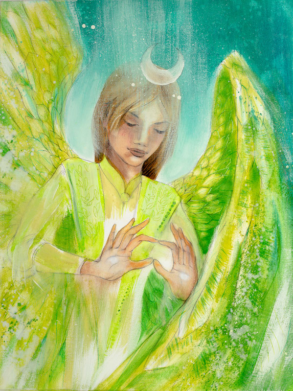 Wandbild Engelbild Engel der Heilung / Frieden, gemalt von Jopie, Farbe Grün, Hochformat, Illustration aus dem neuen Engelkartendeck von Jana Haas, Gebetskarten, Ein Engel für dich, erschienen im Arkana Verlag