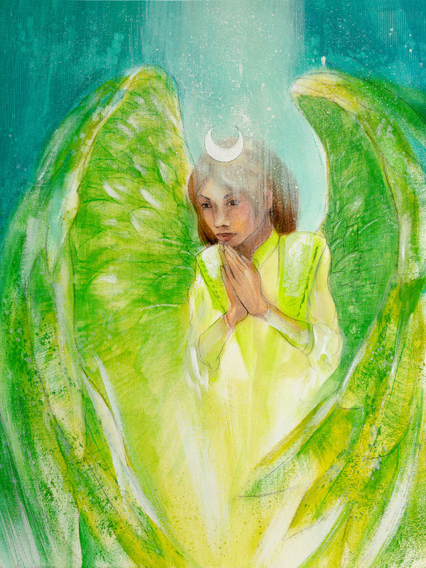 Wandbild Engelbild Engel der Heilung / Zuversicht, gemalt von Jopie, Farbe Grün, Hochformat, Illustration aus dem neuen Engelkartendeck von Jana Haas, Gebetskarten, Ein Engel für dich, erschienen im Arkana Verlag