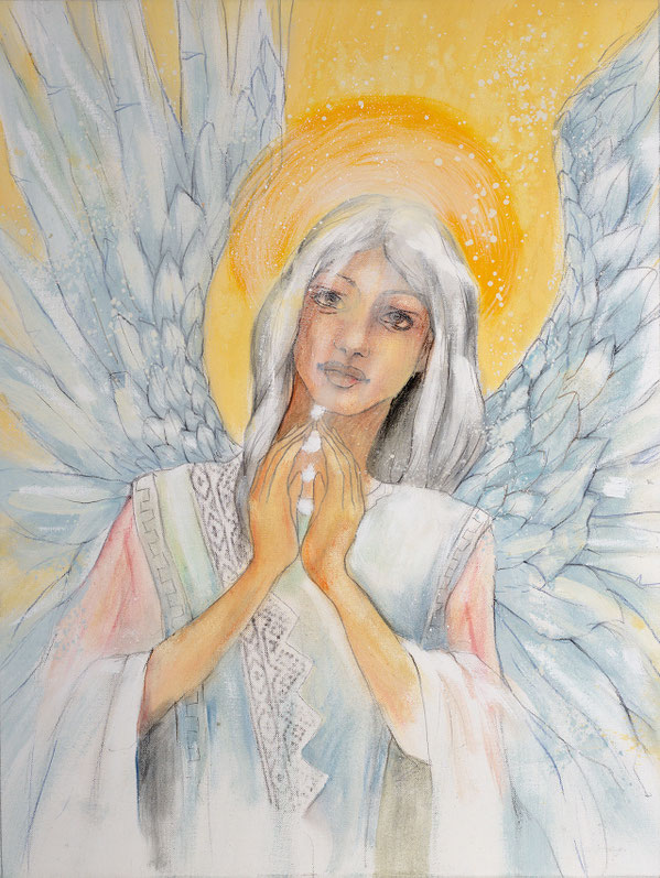 Wandbild Engelbild Engel der Stabilität / Gemeinschaft, gemalt von Jopie, Farbe Weiß, Hochformat, Illustration aus dem neuen Engelkartendeck von Jana Haas, Gebetskarten, Ein Engel für dich, erschienen im Arkana Verlag