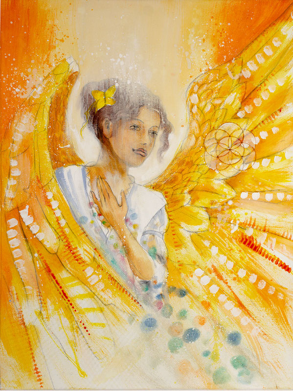 Wandbild Engelbild Engel der Kreativität / Freudiges Herz, gemalt von Jopie, Farbe Gelb, Hochformat, Illustration aus dem neuen Engelkartendeck von Jana Haas, Gebetskarten, Ein Engel für dich, erschienen im Arkana Verlag