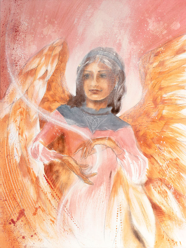 Wandbild Schutzengel Engelbild, Vertrauen, Farbe Rot, Hochformat Original Gemälde in Eitempera gemalt von Jopie aus dem neuen Engelkartenset von Jana Haas erschienen im Arkana Verlag