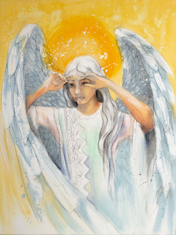 Wandbild Engelbild Engel der Stabilität / Weitblick, gemalt von Jopie, Farbe Weiß, Hochformat, Illustration aus dem neuen Engelkartendeck von Jana Haas, Gebetskarten, Ein Engel für dich, erschienen im Arkana Verlag