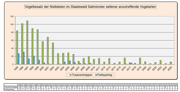 Statistik Vogelbesatz nicht häufige Arten im Staatswald 1995 - 2025