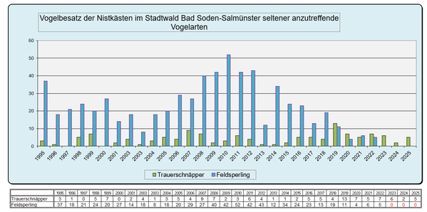 Statistik Stadtwald Vogelbesatz nicht häufige Arten 1995 - 2025