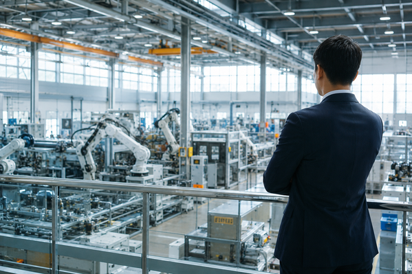 Executive observing a modern automated manufacturing facility during an industrial executive search assignment in China.