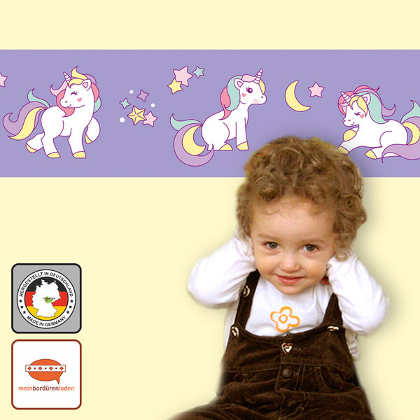 fröhliche Kinderbordüre - Regenbogen Einhorn in Pastellfarben - ECO Vlies