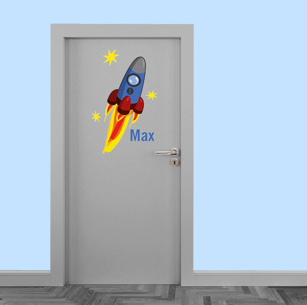 Türaufkleber mit blau - roter Rakete und Namen Max