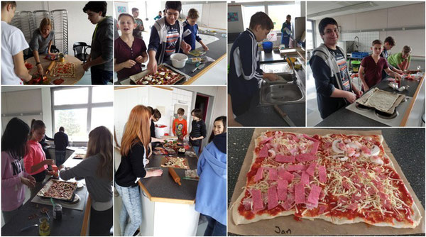 Die Schüler der Klasse 8c versuchten sich als Pizzabäcker, unterstützt von ihren Tutorinnen, Frau Fath und Frau Follenius.