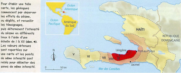 Carte de répartition des intensités sismiques autour de l'épicentre du séisme (Bordas, 2009)