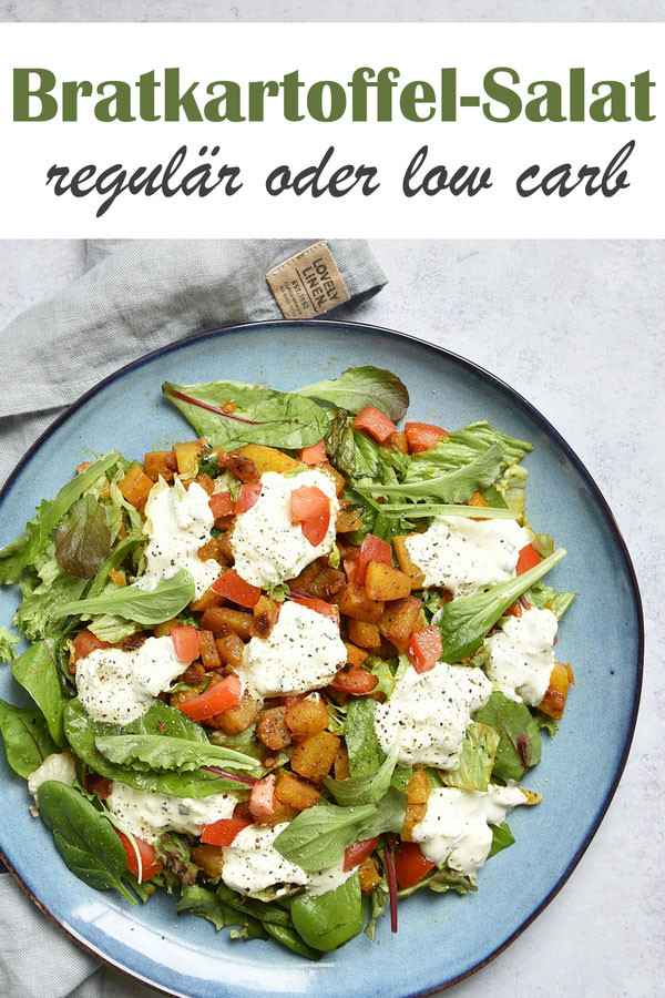 Bratkartoffel-Salat regulär oder low carb mit falschen Bratkartoffeln aus Kohlrabi, mit Tomaten und Frischkäse-Dressing