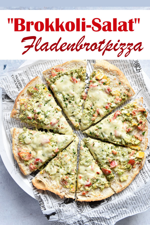 Fladenbrot Pizza mit Brokkoli-Salat belegt und überbacken, schnell und einfach gemacht, gut vorzubereiten, als Mittagessen oder als Snack für Viele, für das Buffet, als Vorspeise etc, Thermomix, vegetarisch, vegan möglich