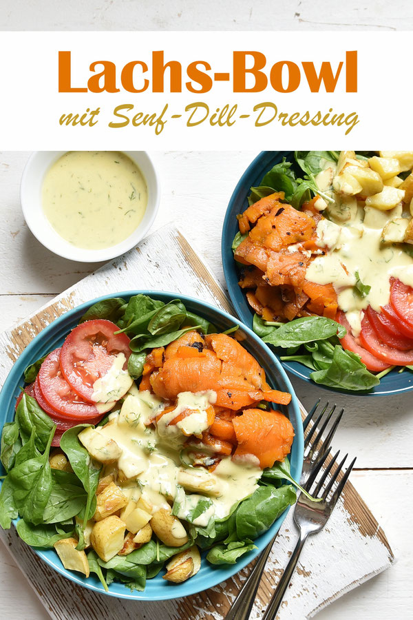 Lachs Bowl mit Backkartoffeln, Tomaten, Babyspinat Blättern und Senf Dill Dressing, yummy!! Der Lachs auf dem Bild ist kein echter Lachs, sondern Karottenlachs, vegan, vegetarisch, Thermomix