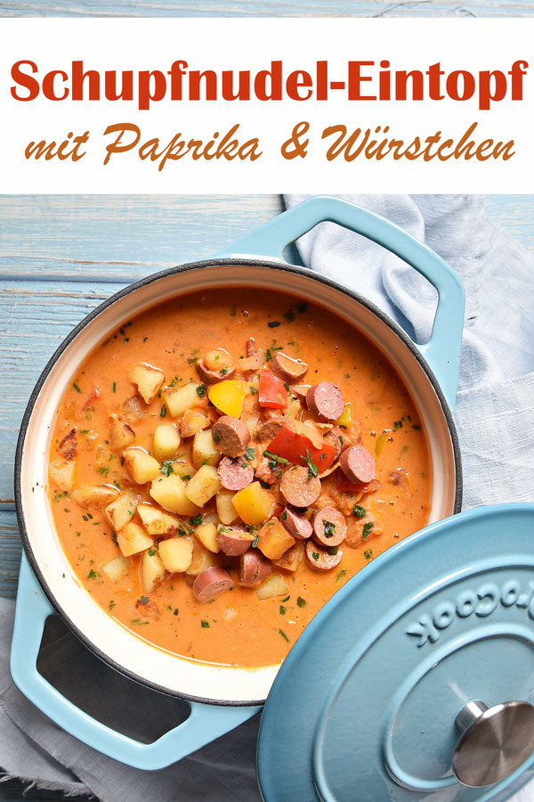 Schupfnudel-Eintopf mit Paprika und Würstchen, vegetarisch, vegan machbar, Mittagessen, Familienküche, Thermomix, einfache Rezepte