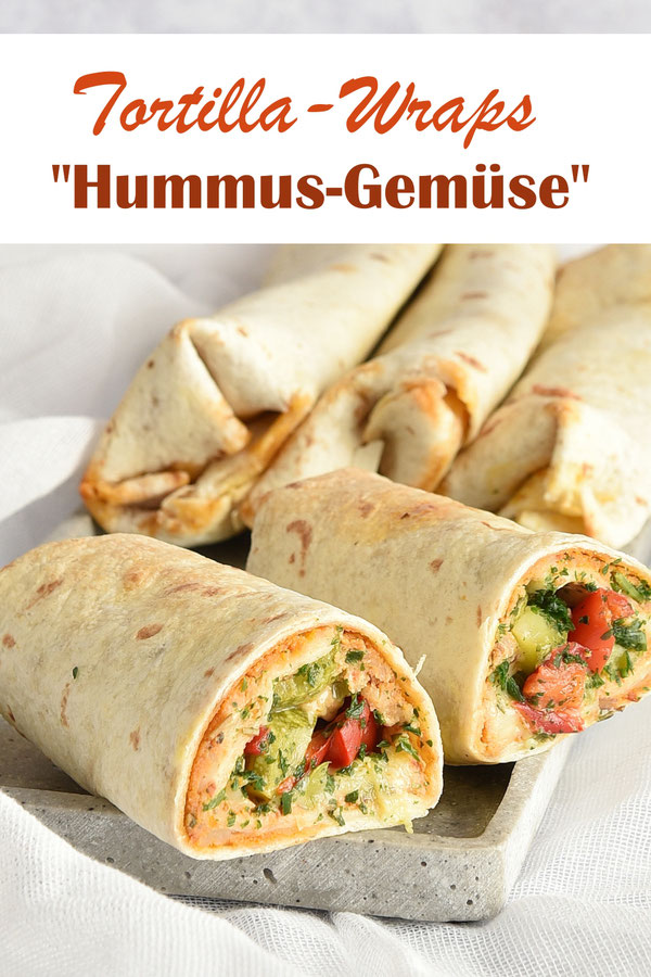 Tortilla Wraps mit Hummus und Gemüse, Hummus selbst gemacht im Thermomix, Gemüse im Thermomix gedämpft, am Vorabend vorbereitet, am nächsten Morgen nur noch in die Lunchbox oder Brotdose packen, vegetarisch, vegan, Snack