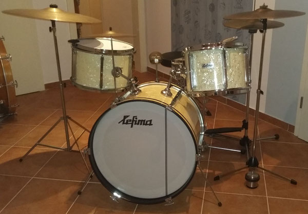 Lefima 1962 White Marine Pearl 20"12"13" & 14" Metall-Snare