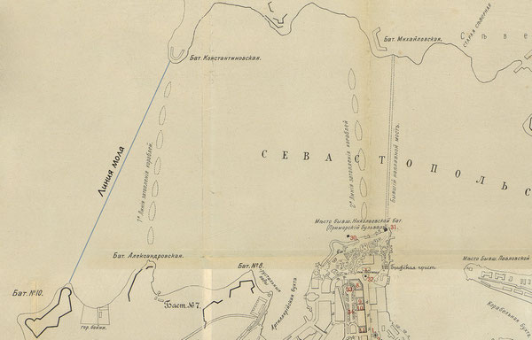 План Севастопольской бухты. Линии затопления кораблей в 1854-1855гг