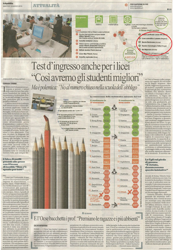 L'articolo di Repubblica a pag. 21. Nel cerchio rosso in alto le cinque scuole con più iscritti in Italia tra cui il Volta di Perugia