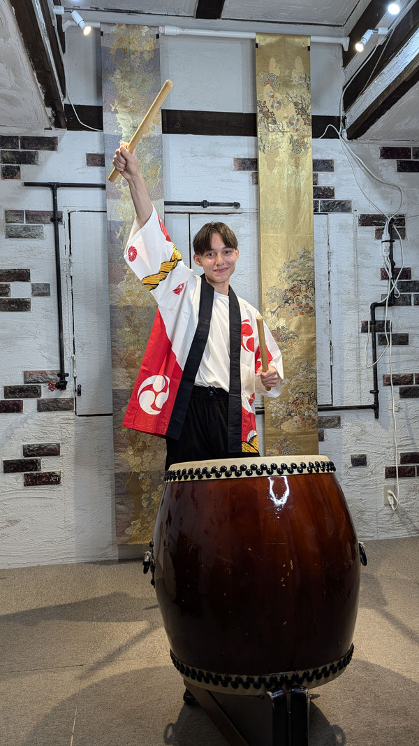 Private Taiko Drumming Session wearing traditional Happi Coat