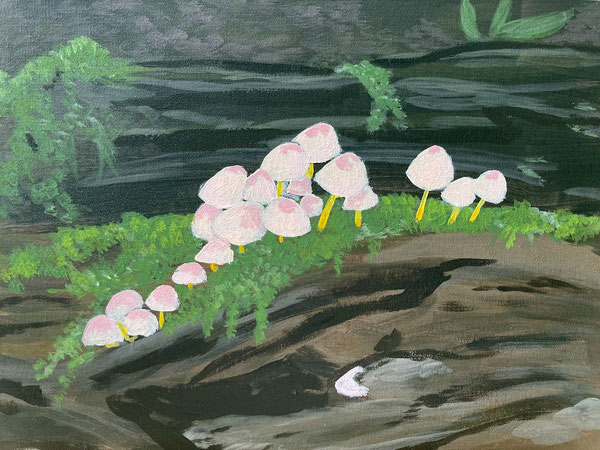 Acrylbild rosa Pilze auf Waldboden