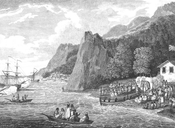 1788年、イギリス人がバンクーバー島のヌートカ湾へ移住目的で再来した。ヨーロッパ人と先住民の接触は、激しい毛皮貿易の時代にあり、重大な生態系の変化の引き金になった。Wikimedia Commons