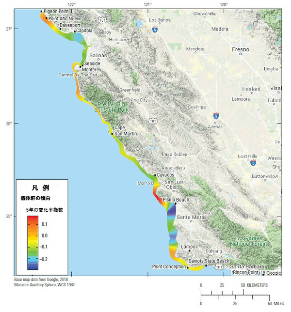 図5:カリフォルニア本土及び中央沿岸部沿いのカリフォルニアラッコラッコ(Enhydra lutris nereis)の地域的な豊度傾向。傾向は、海岸の各地点で最新の5年時系列に対数線形モデルを当てはめ推定された平均指数関数変化率log(λ)を計算し、10キロ移動平均を用いて空間的に平滑化したもの。