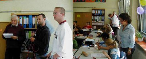 Bild links: Paul Schwarz (SWR) mit seinem Team, Bild rechts: Frau Nedda Aschbach, Deutschlehrerin der Klasse 5b