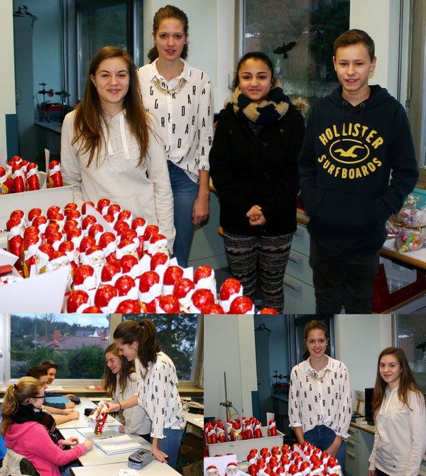 Packstation im Physikvorbereitungsraum (oben), Jana und Alisa vom SV-Team der Realschule plus beim Austeilen der Nikoläuse