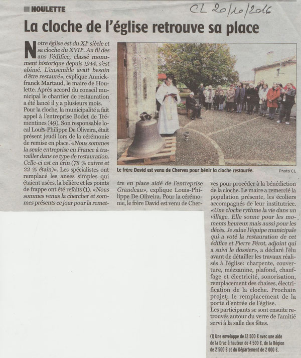 Article Charente Libre du 20 octobre 2016