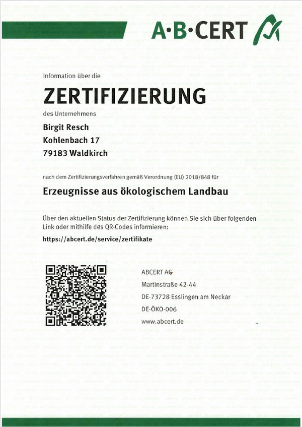 Zertifikat Erzeugnisse ökologischer Landbau