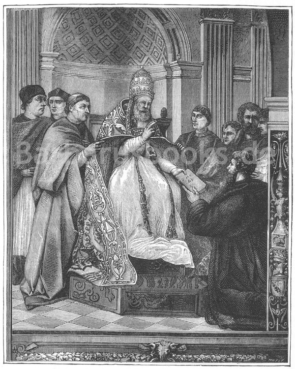 Abb. 213. – Gregor IX. (1227–1241) übergibt die Dekretalen, die er in einem Werk zusammengefasst hatte, einem Anwalt des Konsistoriums. – Fresko von Raffael (1515) in den Strophen im Vatikan.