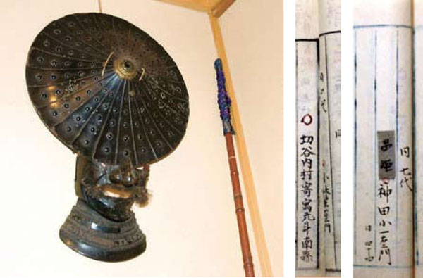武具は小林家に残っている(左) 名簿(中・小林家) 名簿(右・神田家)