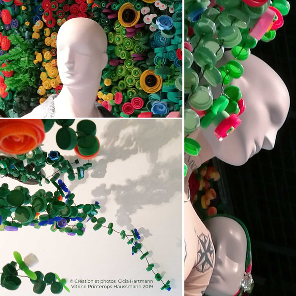 Installation de l'oeuvre " Un printemps durable " de Cicia Hartmann dans une Vitrine du PRINTEMPS HAUSSMANN - Boulevard Haussmann Paris 9ème - avril/mai 2019