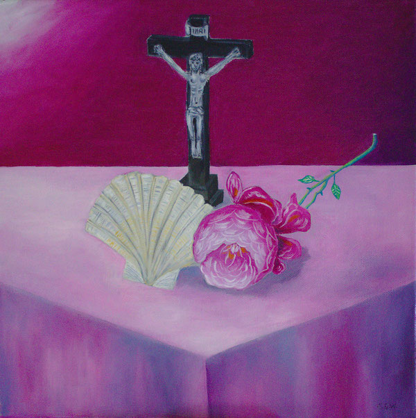 Stilleben mit Kreuz, Oel auf Leinwand/Oil on canvas, 30x30 cm, 2017.