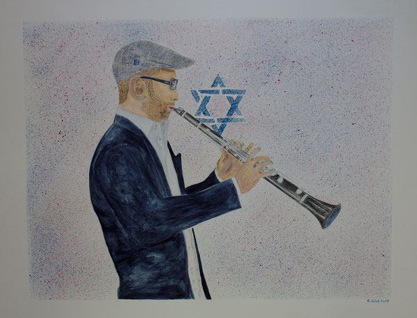 Klezmer Musiker/Klezmer musician, Aquarell-Polychromos-Acryl Mischtechnik, 40x50 cm, 2017.