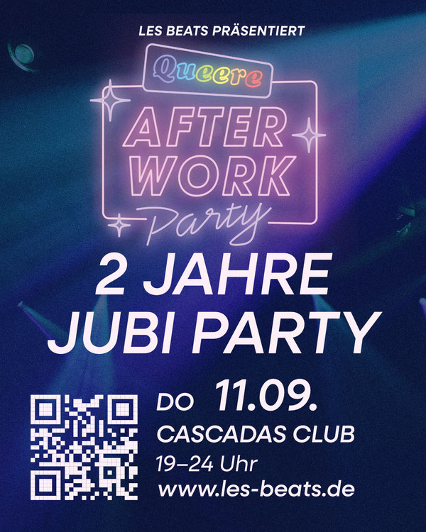 2 Jahre Jubi - queere After-Work-Party am 11.09. im Cascadas - mit DJane DANDY (HH) & DJane Denise (HH) & Salsa Crashkurs mit Vee