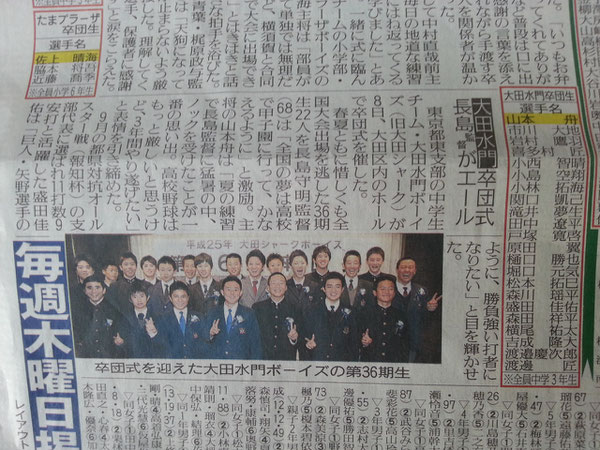 平成25年 大田シャークボーイズ卒団式 2013-12-12記事