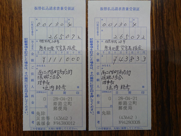 皆様のご好意を振込まさせて頂きました。ご協力ありがとうございました。