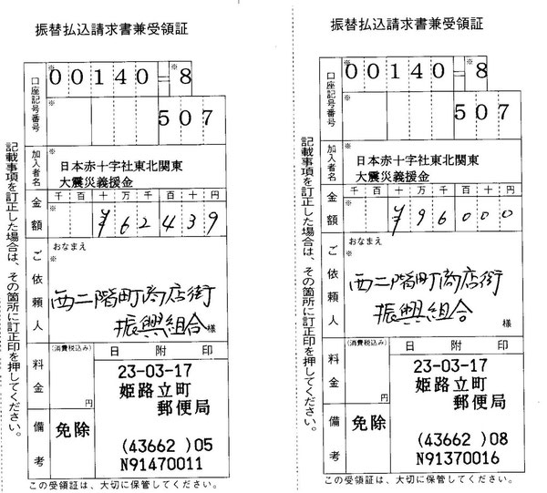 皆様のご好意を振込まさせて頂きました。ご協力ありがとうございました。