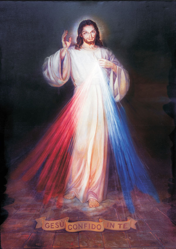 Immagine di Gesù Misericordioso dipinta da P. Moskal nel 1994 e collocata nella terza cappella sulla destra della Chiesa di Santo Spirito in Sassia a Roma.