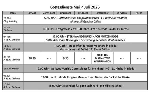 Gottesdienste bis Juli 2026 im Kirchspiel Meinhard