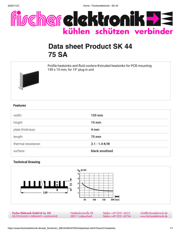 SK44-75-SA 19インチプラグインユニット用 Fischer 押出成型 ヒートシンク