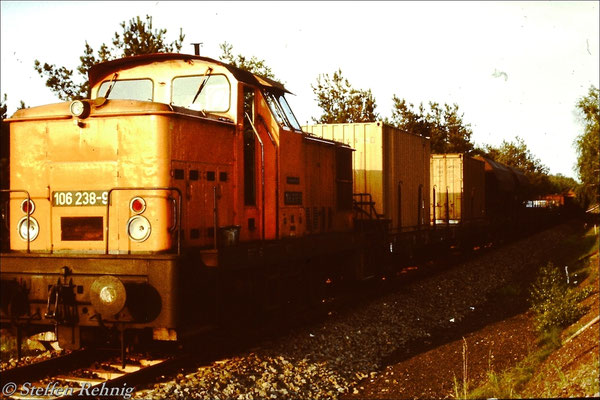 106 238-9 mit dem planmäßigen Güterzug Basdorf - Oranienburg auf der Verbindungsbahn Wensickendorf - Fichtengrund (Berliner Nordring) (1987)